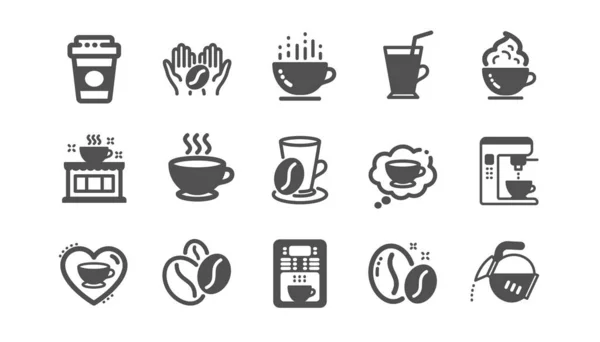 Icônes de café. Haricots, cocktail chaud et cafetière. Clas — Image vectorielle