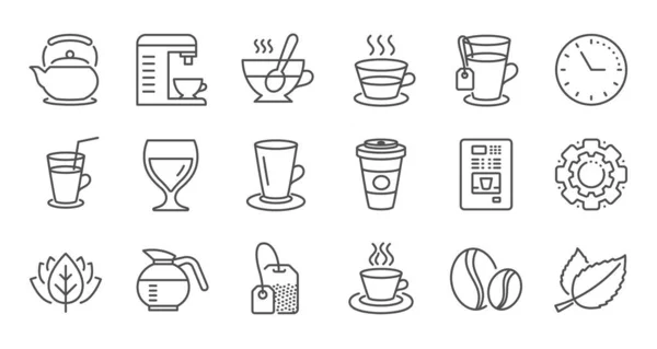 Icônes de ligne de café et thé. Cappuccino, théière et cafetière. Lin ! — Image vectorielle