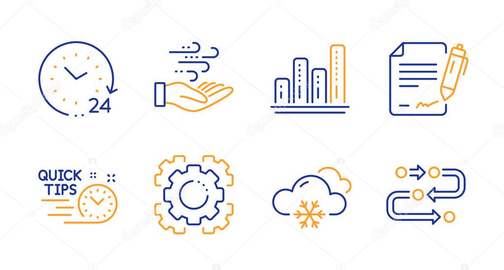 Seo gear, 24 hours and Snow weather icons set. Quick tips, Graph