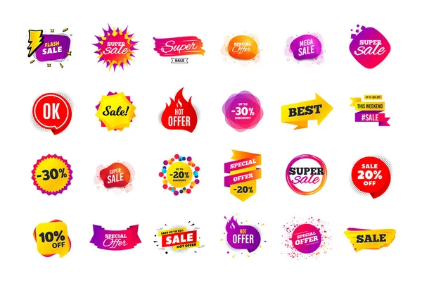 Vendita banner badge. Offerte speciali etichette sconto. Forma cedolare — Vettoriale Stock