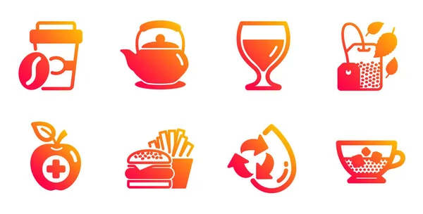 Recycling-Wasser, Minztasche und Burger-Symbole Set. Teekanne, Weinglas — Stockvektor