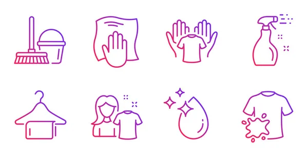 Seau avec serpillière, serviette propre et ensemble d'icônes de t-shirt Hold. Eau d — Image vectorielle