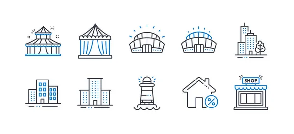 Conjunto de iconos de Edificios, como Circo, Estadio deportivo, Universi — Vector de stock