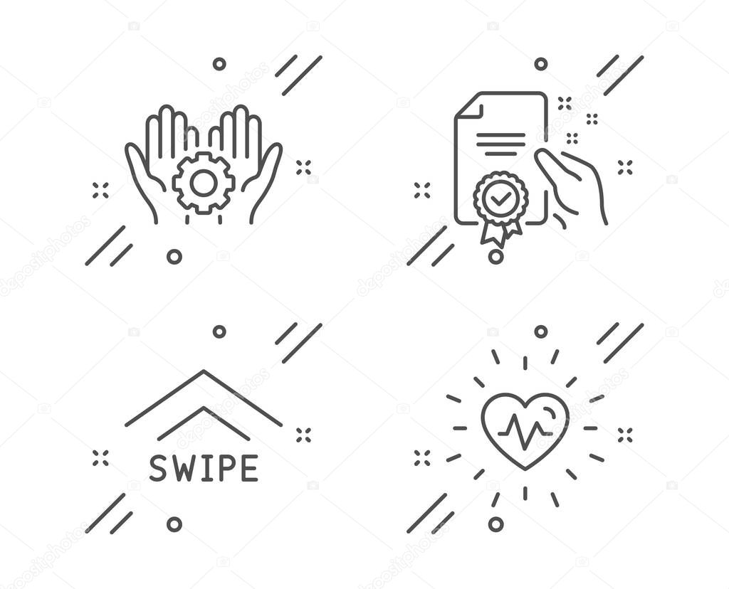 Employee hand, Swipe up and Certificate icons set. Heartbeat sig