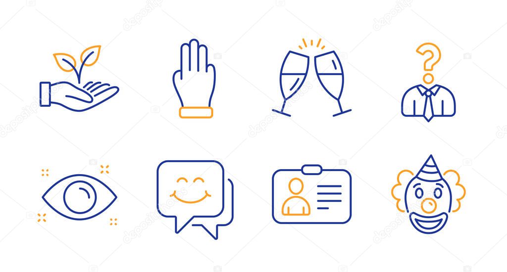 Three fingers, Health eye and Smile face icons set. Champagne gl