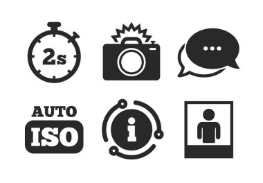 Fotoğraf kamerası simgesi. Flaş ışığı ve Otomatik Iso. Vektör