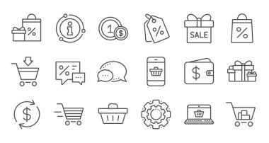 Alışveriş satırı simgeleri. Hediye, Yüzde işareti ve Satış indirimi. Linea