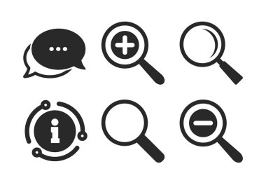 Büyüteç cam simgeleri. Artı ve eksi zoom aracı. Vektör