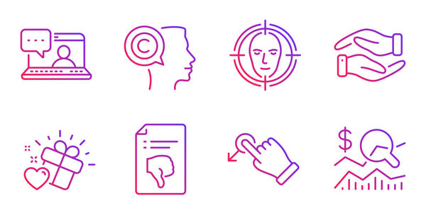 Thumb down, Drag drop and Friends chat icons set. Love gift, Fac