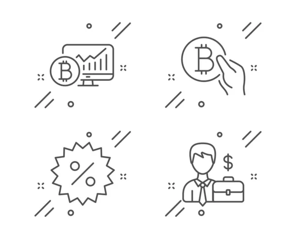 Bitcoin chart, Discount and Bitcoin pay icons set. Businessman c — Stock Vector