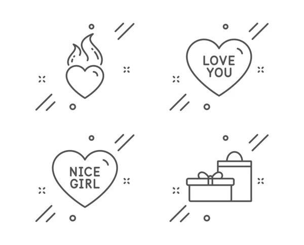 Nice girl, Love you and Heart flame icons set. Gifts sign. Love — Stock Vector