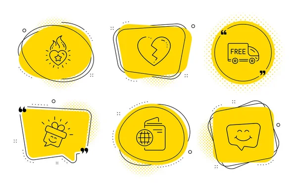 Free delivery, Broken heart and Heart flame icons set. Travel pa — Stock Vector