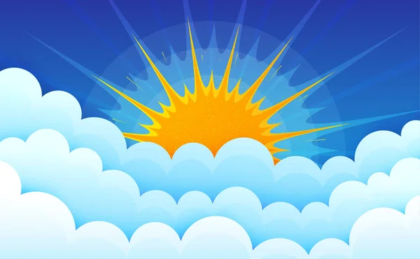 Nubes de dibujos animados con sol en el cielo azul. Nubes esponjosas Cumulus. Clou. — Vector de stock