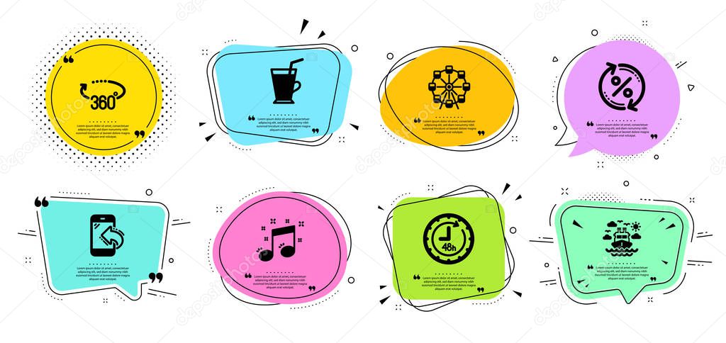 Coffee cup, Ship travel and Musical note icons set. Loan percent