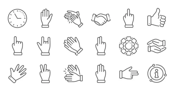 Los gestos de la mano alinean iconos. apretón de manos, aplaudir, victoria. Li. — Vector de stock