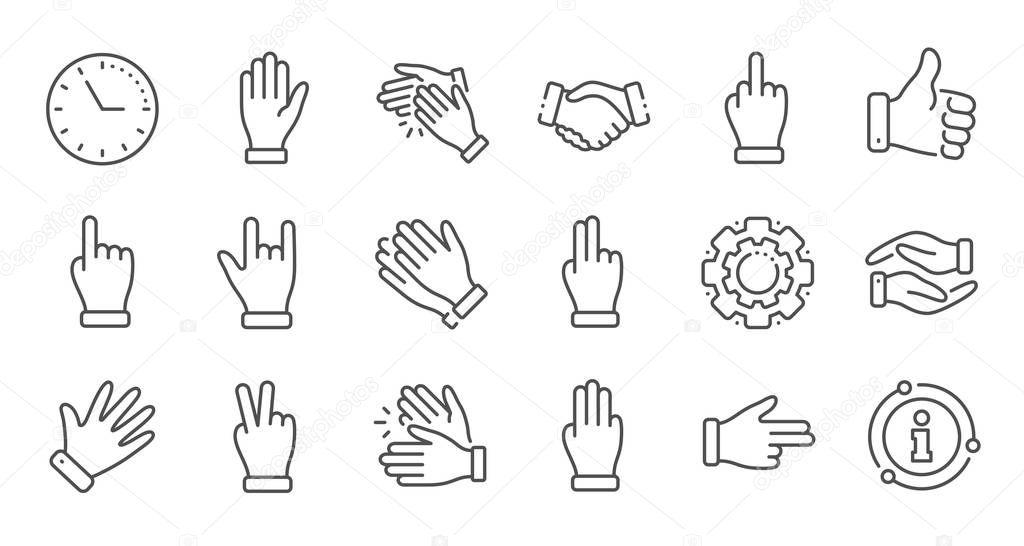 Hand gestures line icons. Handshake, Clapping hands, Victory. Li