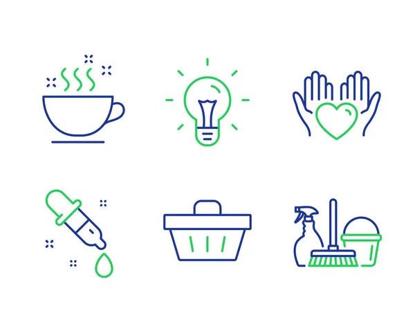 Chemie-Pipette, Herz halten und Warenkorb-Icons setzen. cof — Stockvektor