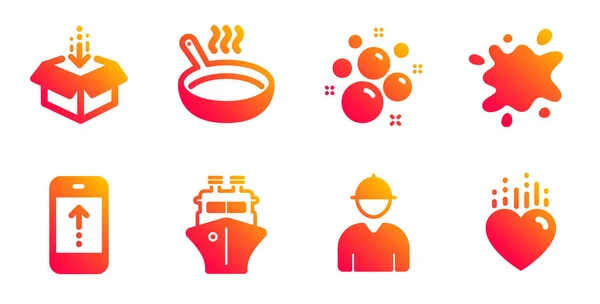 Ship, Clean bubbles and Get box icons set. Frying pan, Dirty spo — Stock Vector