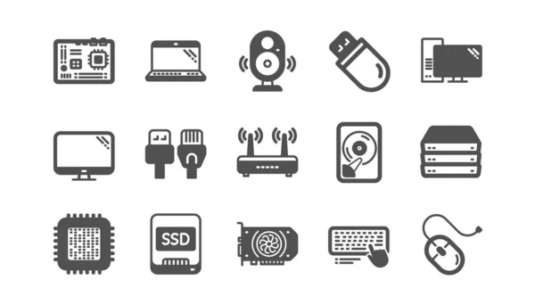 Icone dei dispositivi informatici. Scheda madre, CPU e laptop. Icona classica — Vettoriale Stock