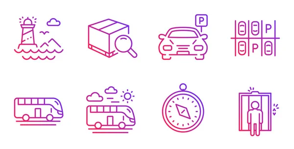 Brújula de viaje, paquete de búsqueda y conjunto de iconos de estacionamiento. Faro — Vector de stock