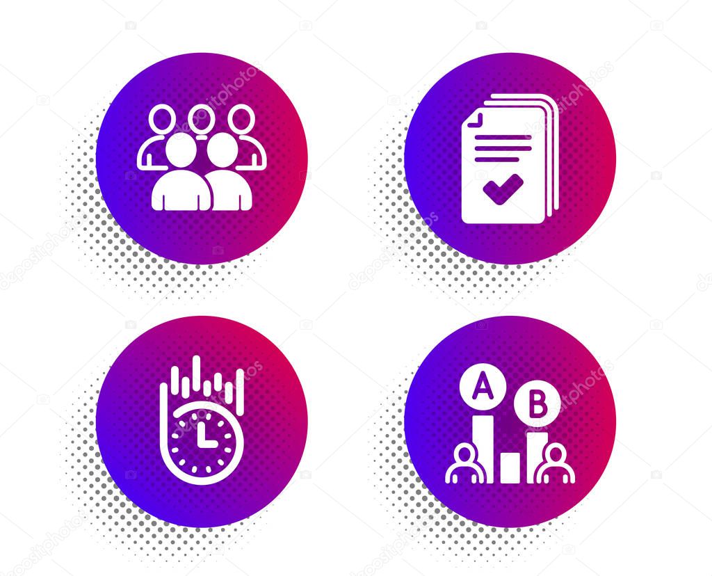 Fast delivery, Handout and Group icons set. Ab testing sign. Sto