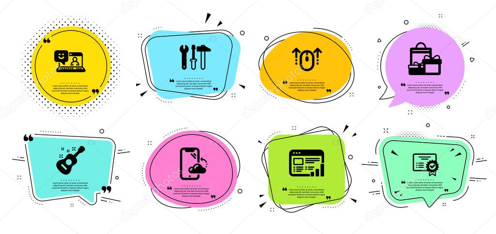 Certificate, Smartphone cloud and Spanner tool icons set. Swipe 