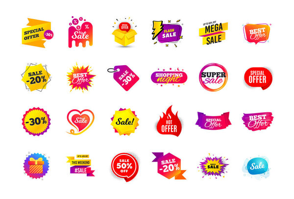 Sale banner badge. Special offer discount tags. Coupon shape tem