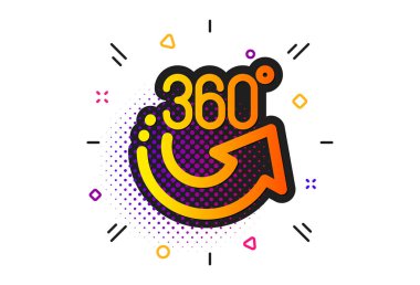Vr simülasyon işareti. Yarı ton daireler deseni. 360 derece simgesi. Panoramik görünüm sembolü. Klasik düz 360 derece simgesi. Vektör