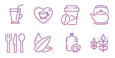 Suyu doldur, yiyecek ve kahve ikonları hazır. Paket kahve, ayçiçeği tohumu ve demlik tabelaları. Glütensiz sembol. Soğutma şişesi, çatal bıçak takımı. Yiyecek ve içecek seti. Su ikonunu kademeli olarak doldur. Vektör