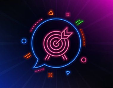 Okçuluk çizgisi simgesi. Neon lazer ışıkları. Lunapark eğlence tabelası. Parlak lazer konuşma balonu. Neon ışıkları sohbet baloncuğu. Okçuluk ikonlu pankart. Vektör