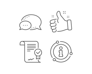 Onaylanmış bir anlaşma simgesi. Sohbet balonu, bilgi işareti elementleri. Doğrulanmış belge işareti. Kabul edildi ya da onaylandı. Doğrusal onaylanmış anlaşma ana hatları simgesi. Bilgi balonu. Vektör