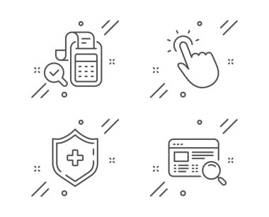 Gol noktası, Bill Muhasebe ve Tıbbi Kalkan çizgisi simgeleri ayarlandı. Web sitesi arama işareti. Dokunma teknolojisi, denetim raporu, tıbbi koruma. İnternet bul. Teknoloji hazır. Vektör