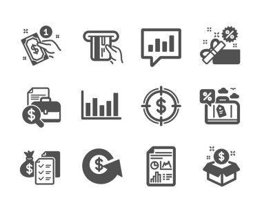 Satış, Sütun şeması, Dolar değişimi, Posta paketi, Dolar hedefi, Seyahat kredisi, Kredi kartı, Muhasebe zenginliği, Analitik sohbet, Ödeme yöntemi klasik simgeleri gibi finans simgeleri. Vektör