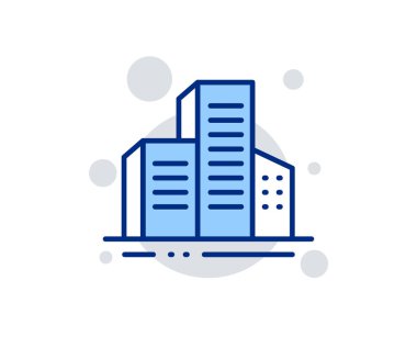 Binalar satır simgesi. Şehir mimarisi işareti. Gökdelen bina sembolü. Doğrusal tasarım işareti. Renkli binalar simgesi. Vektör