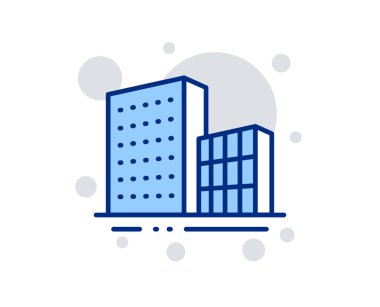 Binalar satır simgesi. Şehir mimarisi işareti. Gökdelen bina sembolü. Doğrusal tasarım işareti. Renkli binalar simgesi. Vektör