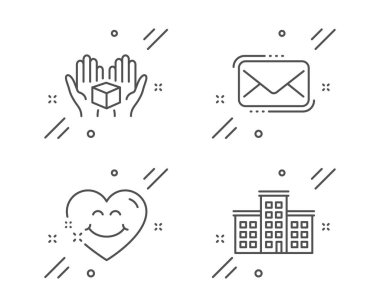 Kurye postası, gülen surat ve kutu hattı simgeleri hazır. Şirket işareti. Yeni e-posta, Love Heart, teslimat paketi. Bina. Teknoloji hazır. Satır postası ana hatları simgesi. Vektör