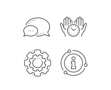 Güvenli zaman çizgisi simgesi. Sohbet balonu, bilgi işareti öğeleri. Saat işareti. Saat simgesini basılı tutun. Doğrusal güvenli zaman anahat simgesi. Bilgi balonu. Vektör