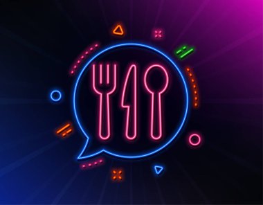 Yemek çizgisi ikonu. Neon lazer ışıkları. Çatal bıçak seti. Çatal, bıçak, kaşık sembolü. Parlak lazer konuşma balonu. Neon ışıkları sohbet baloncuğu. Gıda ikonlu pankart. Vektör