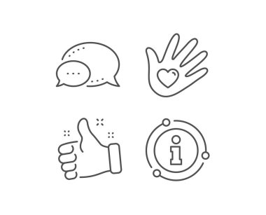 Sosyal sorumluluk çizgisi ikonu. Sohbet balonu, bilgi işareti elementleri. Kalp işaretli el. Hayırseverlik sembolü. Doğrusal sosyal sorumluluk ana hatları simgesi. Bilgi balonu. Vektör