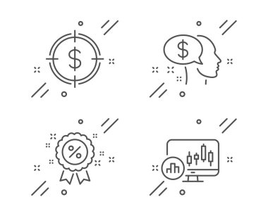 Ödeme, Dolar hedefi ve İndirim hattı simgeleri ayarlandı. Mum boyası tabelaları. Dilenci, USD 'ye nişan al, indirimli alışveriş. Rapor analizi Finans hazır. Çizgi ödeme taslak simgesi. Vektör