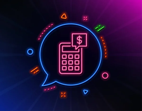 Calculator line icon. Neon laser lights. Accounting sign. Calculate finance symbol. Glow laser speech bubble. Neon lights chat bubble. Banner badge with calculator icon. Vector