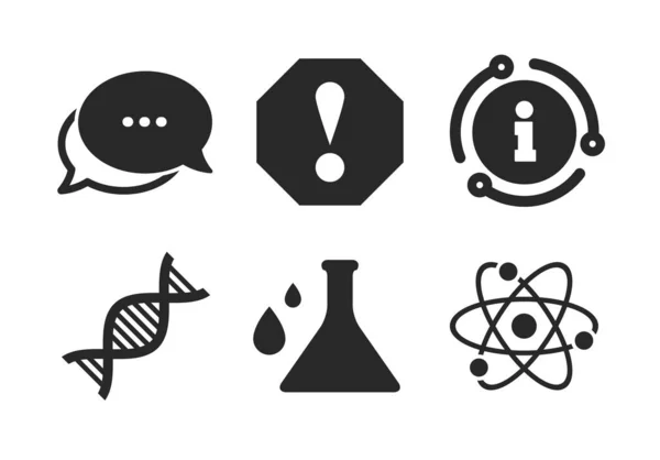 化学烧瓶标志 信息标志 注意和Dna图标 原子符号 经典风格的语音泡沫图标 — 图库矢量图片