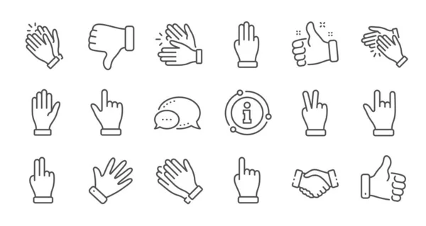 Ikony Ręcznych Gestów Uścisk Dłoni Klaskanie Zwycięstwo Rogi Kciuk Górę — Wektor stockowy