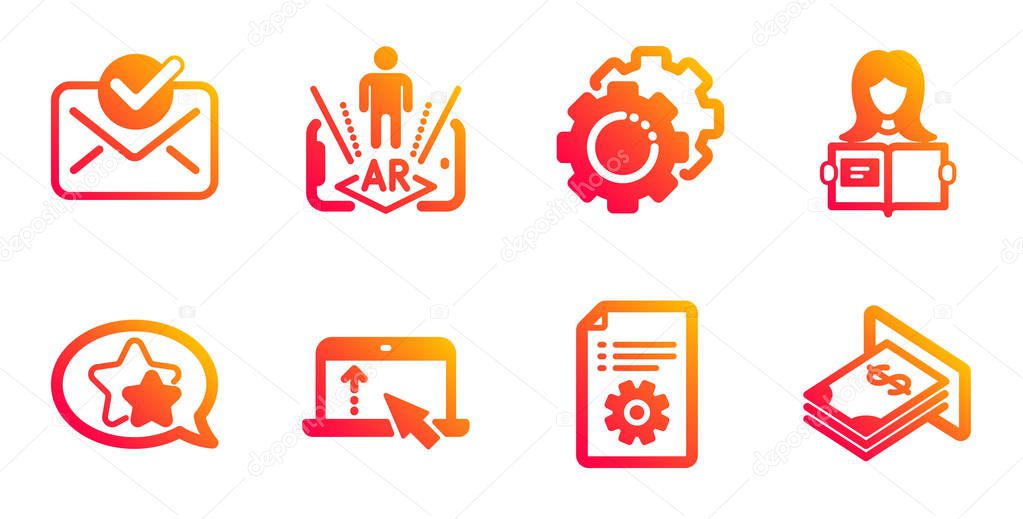 Star, Swipe up and Augmented reality line icons set. Technical documentation, Approved mail and Woman read signs. Settings gears, Atm money symbols. Favorite, Scroll screen. Business set. Vector