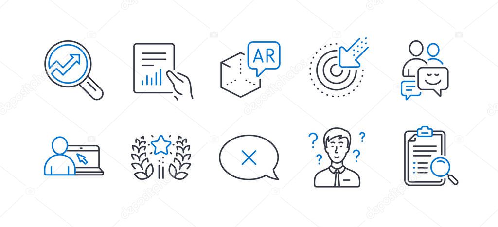 Set of Technology icons, such as Communication, Targeting, Augmented reality, Reject, Ranking, Document, Support consultant, Online education, Analytics, Search analysis line icons. Vector