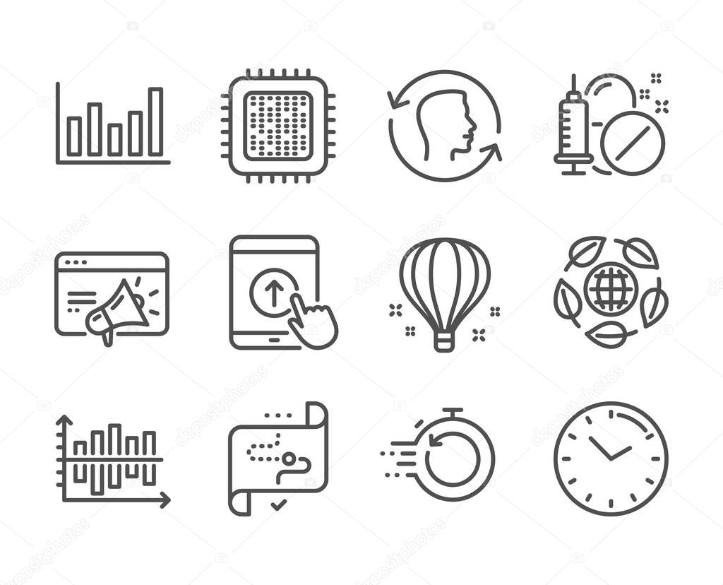 Set of Science icons, such as Medical drugs, Seo marketing, Eco organic, Column chart, Air balloon, Fast recovery, Cpu processor, Time, Diagram chart, Face id, Target path, Swipe up. Vector