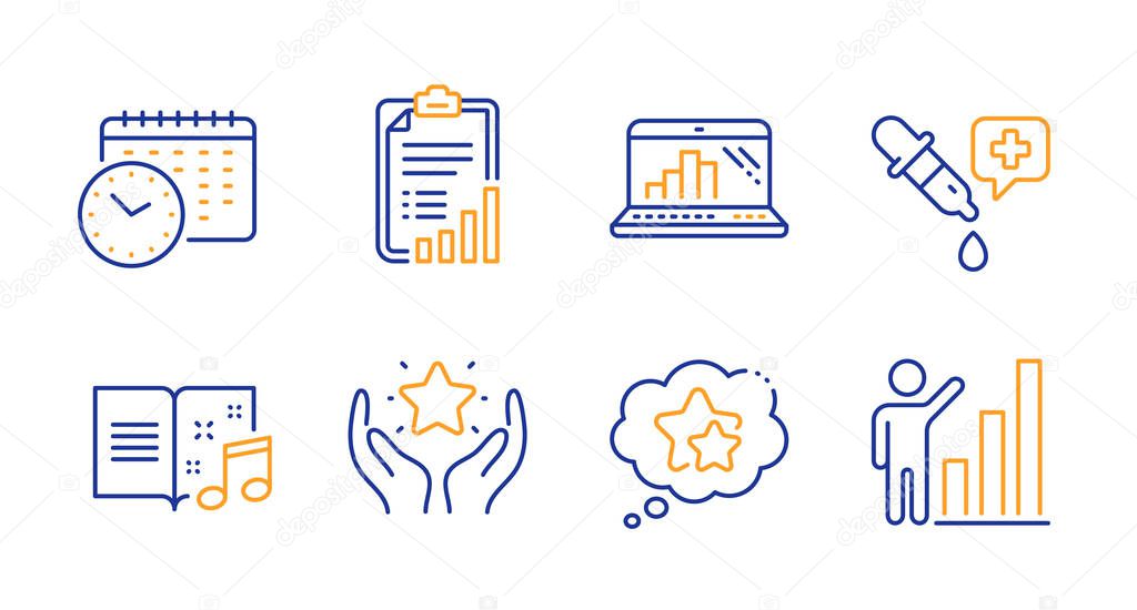 Checklist, Graph laptop and Ranking line icons set. Music book, Chemistry pipette and Calendar time signs. Ranking stars, Graph chart symbols. Mobile report, Hold star. Education set. Vector