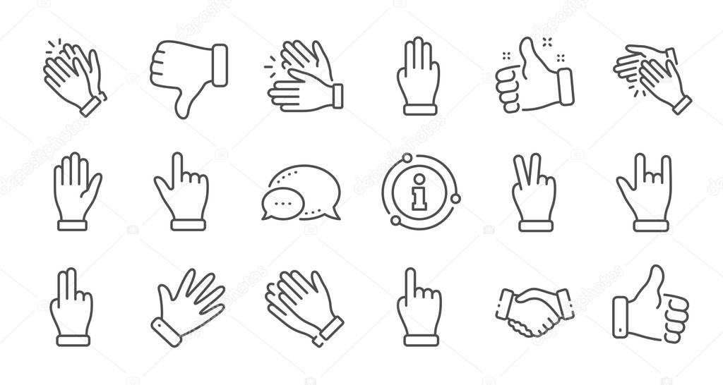 Hand gestures line icons. Handshake, Clapping hands, Victory. Horns, Thumb up finger, drag and drop icons. Donation hand gestures, click, helping hand. Linear set. Quality line set. Vector