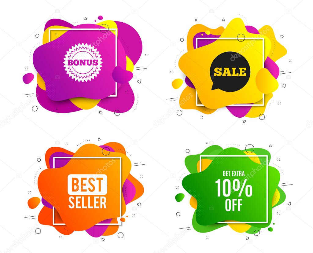 Get Extra 10% off Sale. Liquid shape, various colors. Discount offer price sign. Special offer symbol. Save 10 percentages. Geometric vector banner, square frames. Extra discount text. Vector