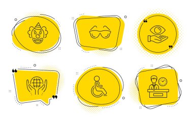 Organic tested, Disabled and Presentation time signs. Chat bubbles. Health eye, Eyeglasses and Clown line icons set. Optometry, Funny performance, Safe nature. Handicapped wheelchair. Vector clipart